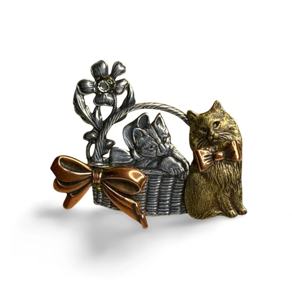 Vintage KCO Figural Cat Brooch Basket Kitten Bow Floral Mixed Metal Pin